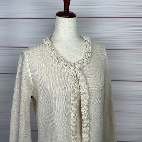 All Alpaca Ivory Cardigan Sweater Ruffle Details Hidden Button Closure M-L - Picture 8 of 14